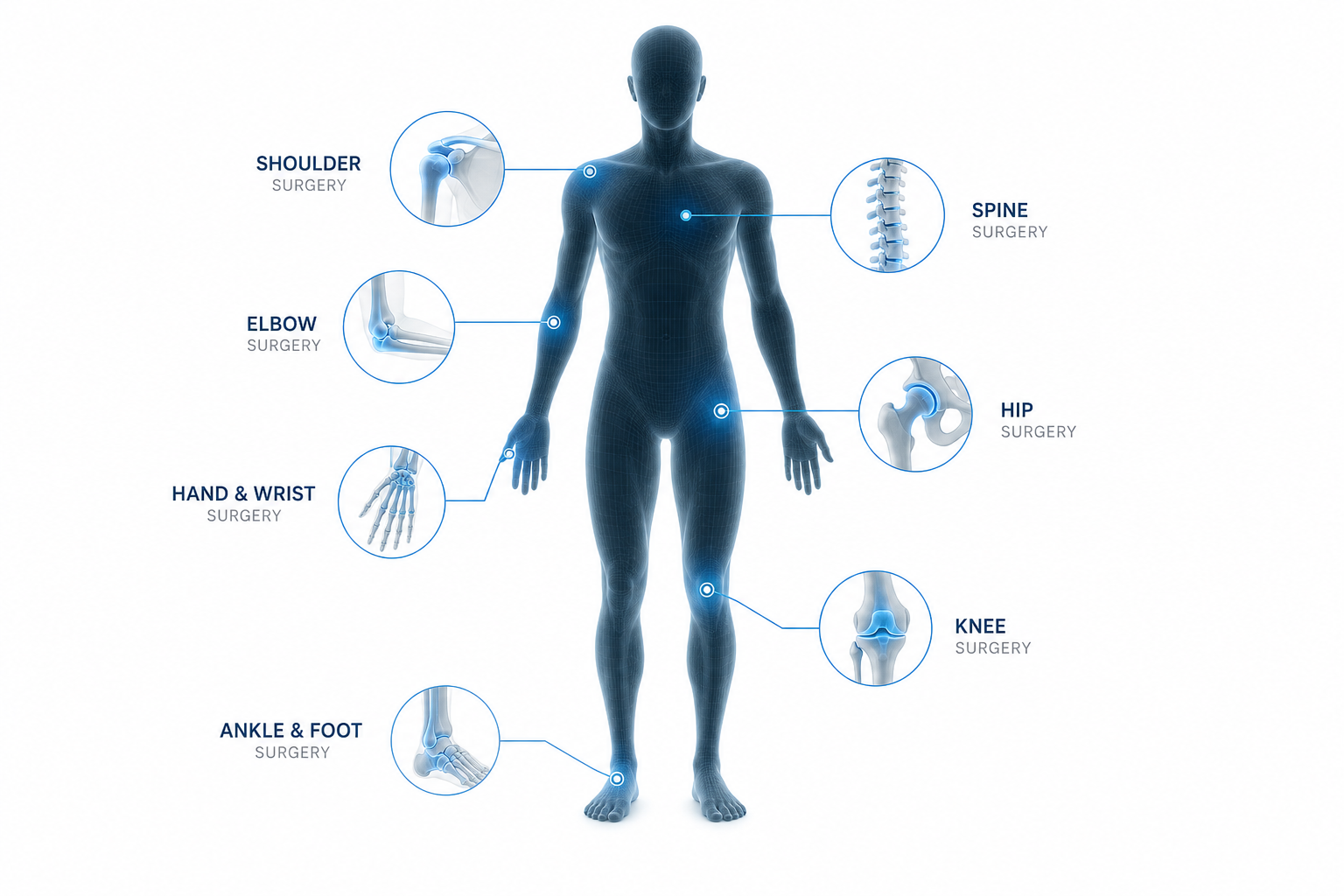 Orthopedic specialties SSM serves — shoulder, elbow, hand & wrist, spine, hip, knee, and ankle & foot